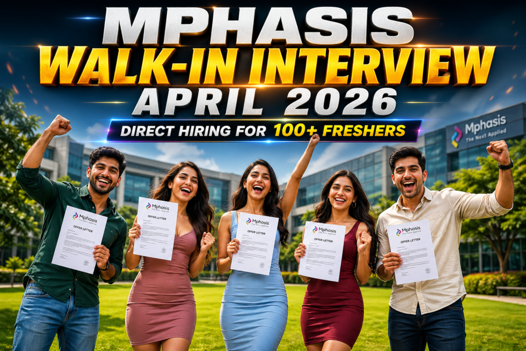 Group of young professionals celebrating with Mphasis offer letters on a corporate campus lawn, highlighting Mphasis Walk-in Interview April 2026 direct hiring for freshers in Bangalore.