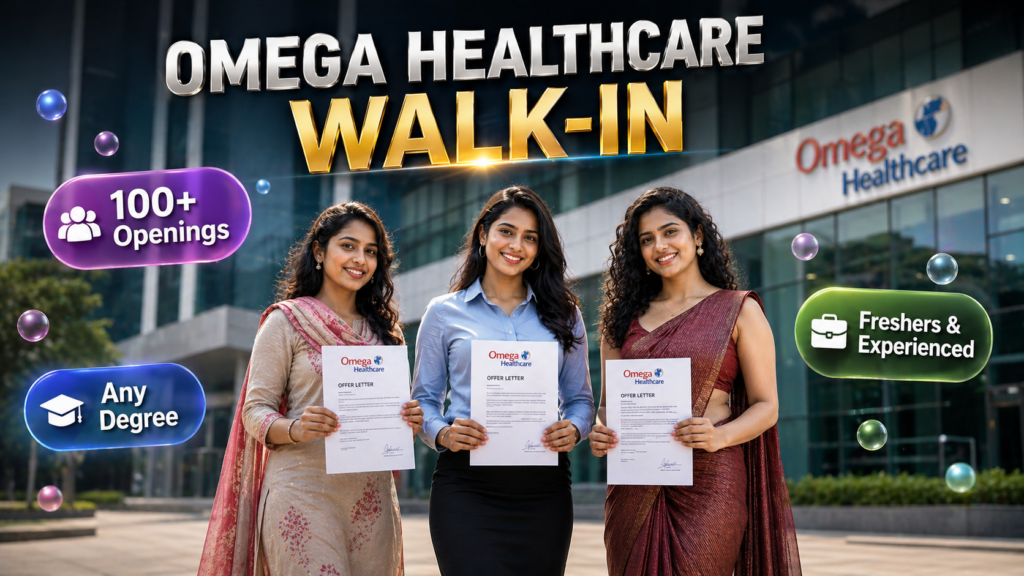 Three Indian women holding Omega Healthcare offer letters in front of a corporate office with “Omega Healthcare Walk-in 2026” banner highlighting 100+ openings for freshers and experienced candidates