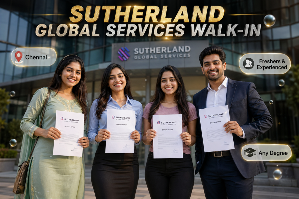 Group of young Indian graduates holding Sutherland Global Services offer letters outside corporate office in Chennai for 2026 walk-in drive