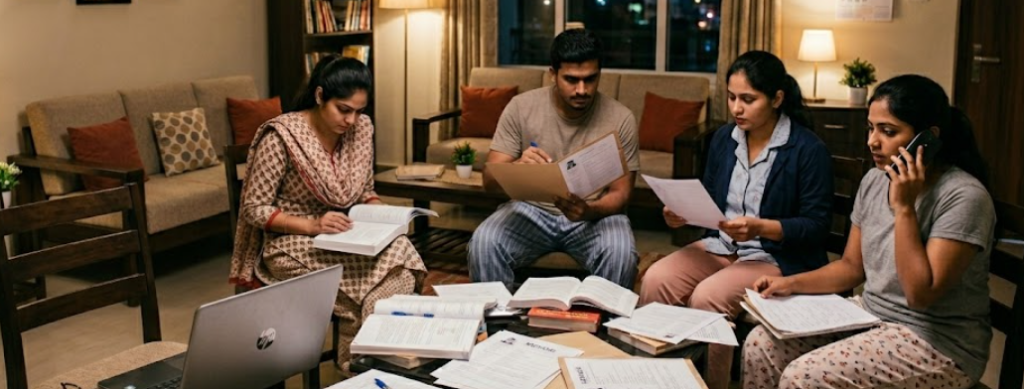 A group of four young Indian graduates sitting together in a cozy, well-lit living room, intensely preparing for the Mphasis walk-in interview in Bangalore. The table is covered with printed resumes, technical textbooks, and notebooks. One man reviews a job application folder, two women study complex documents, and another woman coordinates via a phone call. A laptop and eyeglasses sit nearby, illustrating a dedicated late-night study session for a direct hiring event.