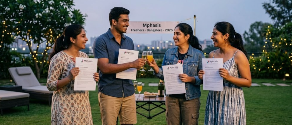 A group of four happy young professionals celebrating on a lush green lawn after successfully securing jobs at Mphasis. They are dressed in casual summer wear, holding up their official Mphasis offer letters with pride. Two individuals are clinking juice glasses in a toast, while a banner in the background reads "Mphasis Freshers - Bangalore - 2026." The scene is set at dusk with warm outdoor lighting, capturing the joy of being hired during the April 2026 walk-in drive.