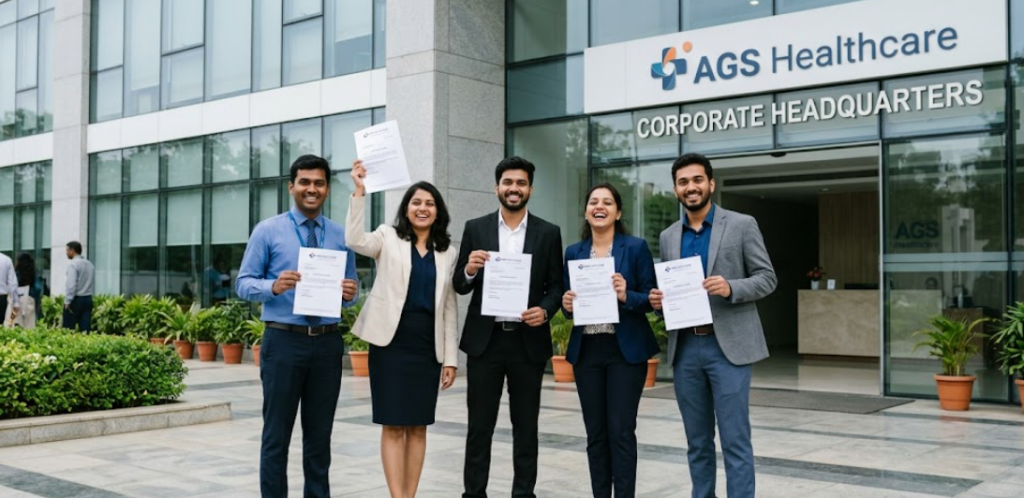 Five young Indian professionals (three men and two women) in formal business attire smiling and holding AGS Health interview letters in front of the AGS Health Corporate Headquarters during the 2026 Mega Walk-In Drive for Trainee Process Associates in Chennai.