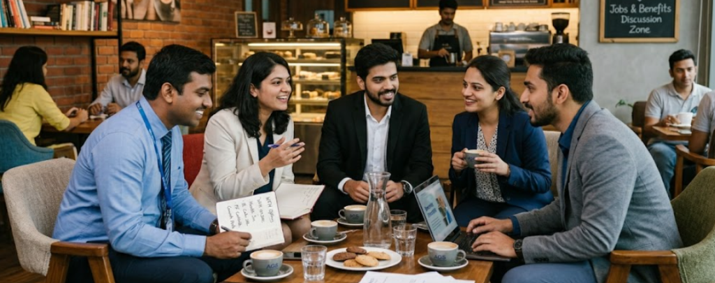 A group of five young professionals, dressed in business casual, sit around a table in a modern cafe, actively discussing and reviewing documents. The group consists of three men and two women, engaged with a laptop, an open notebook with handwritten points, and several printed papers. On a chalkboard in the background, text reads "Congratulations to the new AGS team!" and "Jobs & Benefits Discussion Zone." Another menu board displays "AGS Cafe & Brews." The atmosphere is collaborative and optimistic, with other patrons and a barista counter visible in the warmly lit cafe environment.