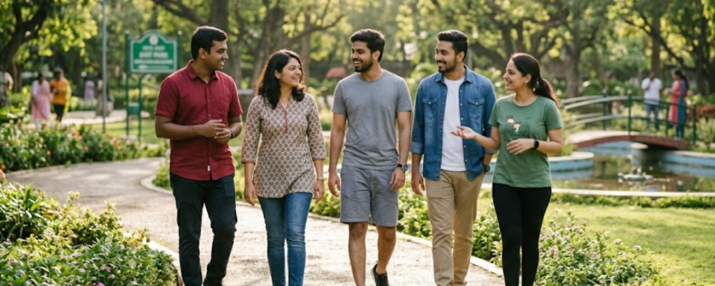 A group of five young Indian professionals, newly hired for the AGS Health 2026 Walk-In Drive, enjoying a walk in a lush Chennai park. The three men and two women are dressed in casual shirts and t-shirts, smiling and talking, representing the positive work-life balance and team culture for Trainee Process Associates at AGS Health.