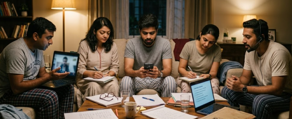 A diverse group of five young South Asian professionals, likely candidates for the AGS Health 2026 Walk-In Drive, gathered in a comfortable living room environment, deeply engaged in collaborative interview preparation. They are casually dressed, with some wearing pajamas, sitting around a coffee table stacked with notebooks, pens, and laptops. One individual uses a headset for a virtual mock interview on a laptop, while others take notes, review documents, and discuss strategy. On the table, an 'AGS' marked folder and a laptop screen displaying bullet points are visible, signifying their focused study. The atmosphere is concentrated and late-night, lit by warm, ambient lamps.