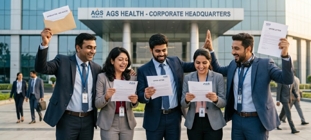 Five successful candidates in professional business suits celebrating with their AGS Health offer letters in front of the Chennai corporate headquarters following the 2026 Mega Walk-In Drive. The group of three men and two women are laughing and cheering, representing the successful hiring of Trainee Process Associates at AGS Health.