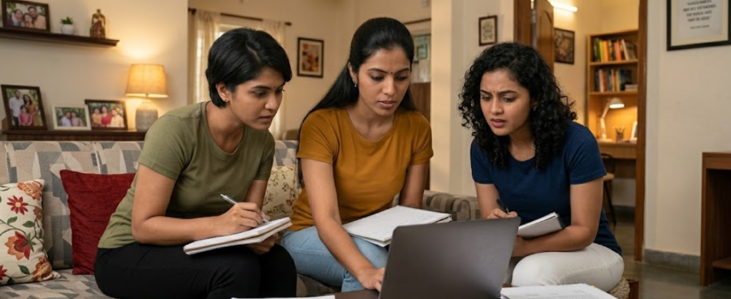 Three Indian women in t-shirts preparing for the Omega Healthcare Walk-in Drive 2026 by studying resumes and practicing for the International Voice Process interview at home.
