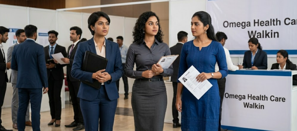 Three Indian female candidates in professional business attire, skirt-shirt, and salwar kameez holding resumes and standing in a queue at the Omega Healthcare Walk-in Drive 2026 for the International Voice Process in Chennai.