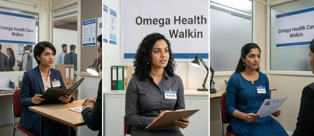 Collage of three Indian female candidates attending individual interviews in cabins during the Omega Healthcare Walk-in Drive 2026 for International Voice Process jobs in Chennai.