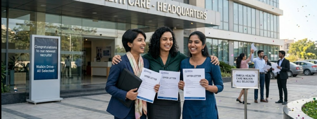 Three successful Indian female candidates celebrating with their offer letters in front of the Omega Healthcare headquarters after the Walk-in Drive 2026 for International Voice Process roles in Chennai.