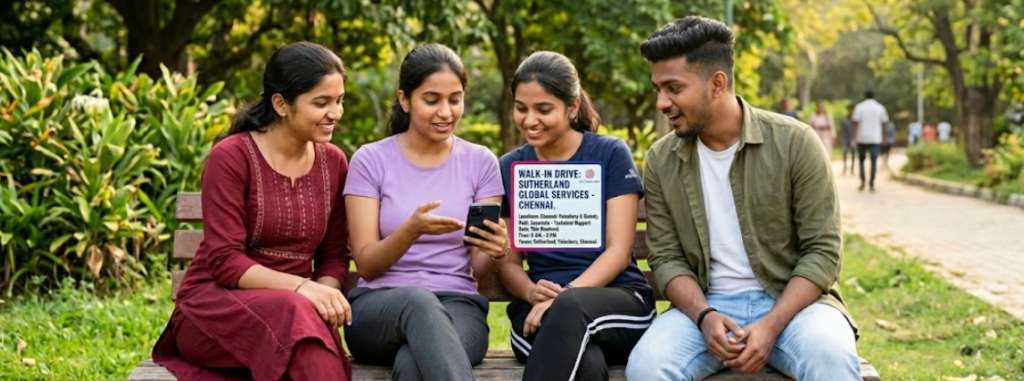 A group of four young Indian graduates, three women and one man, sitting on a park bench in Chennai and excitedly looking at a smartphone displaying a notification for the Sutherland Walk-in Drive 2026. The women are dressed in a maroon salwar kameez, a purple t-shirt with grey trousers, and a navy t-shirt with black track pants, representing a casual and professional mix. They appear happy and ambitious, discussing career growth opportunities in the Chennai BPO sector.