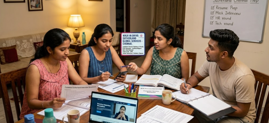 A group of four young Indian graduates—three women in comfortable sleeveless home wear and one man—sitting around a dining table in a Chennai home, intensely preparing for the Sutherland Walk-in Drive 2026. The scene shows them studying interview questions on a laptop, reviewing notes, and checking a "Sutherland Chennai Prep" checklist on a whiteboard. The atmosphere is focused and collaborative, highlighting the dedication of graduates seeking career growth in the BPO industry.