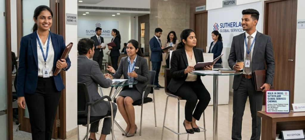 Four confident Indian graduates in professional business suits attending the Sutherland Walk-in Drive 2026 at the Chennai office. The scene showcases the candidates in a modern corporate setting, holding portfolios and engaging with recruiters. This image represents the final stage of the hiring process for graduates seeking high-growth career opportunities at Sutherland Global Services in Chennai.
