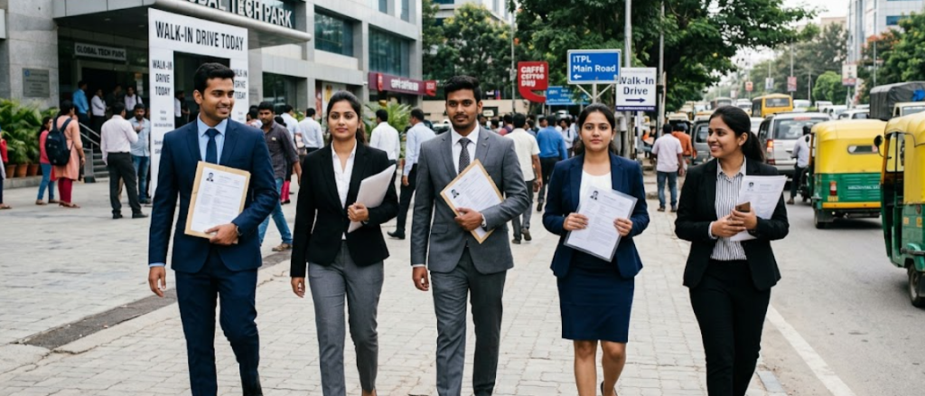 An ultra-realistic wide shot of five young Indian professionals, two men and three women aged around 25, walking confidently on a sidewalk in Bangalore. They are dressed in sharp business formal attire, including suits and blazers, and each person is holding a resume in their hand. The background features a bustling tech park environment with a "Walk-in Drive" banner, capturing the atmosphere of a freshers' hiring event in April 2026.