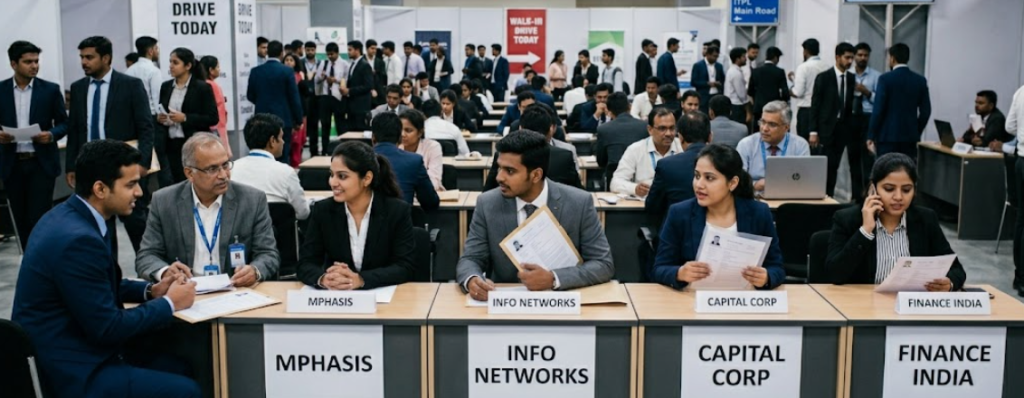 An ultra-realistic photograph capturing a bustling indoor job fair scene in Bangalore in April 2026. The foreground features several young Indian professionals dressed in formal business attire, looking engaged and conversational at various corporate interview booths including MPHASIS, INFO NETWORKS, CAPITAL CORP, and FINANCE INDIA. Interviewers are seated opposite them, reviewing documents. Large, clear white banners with bold black text read "WALK-IN DRIVE TODAY," and multiple blue overhead signs point to "ITPL Main Road," indicating the Bangalore tech hub location. The large hall is filled with hundreds of other freshers in formal wear waiting and moving between booths. The atmosphere is vibrant and professional, perfectly illustrating the Mphasis walk-in hiring drive for over 100 fresher roles in the tech park.