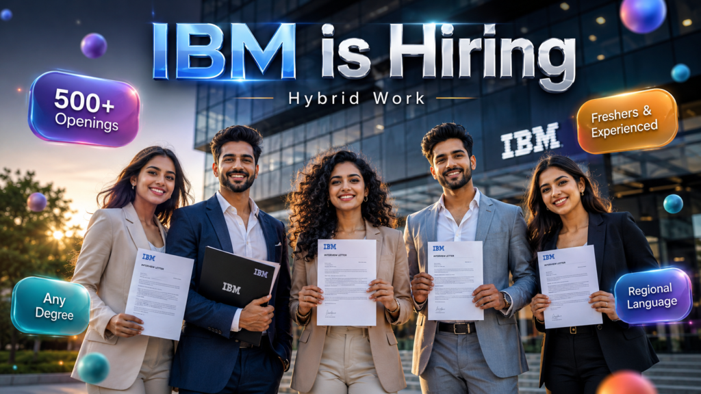 Five stylish Indian professionals, including three women and two men, stand proudly in front of an IBM corporate office holding interview letters. The cinematic recruitment thumbnail features the headline “IBM is Hiring” with floating colorful badges highlighting hybrid work, 500+ openings, freshers & experienced candidates, any degree, and regional language opportunities.