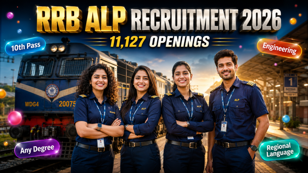 Three Indian women and one man in RRB ALP railway uniforms standing confidently in front of a locomotive train at an Indian railway station with the title “RRB ALP Recruitment 2026” and “11,127 Openings” highlighted in cinematic style.