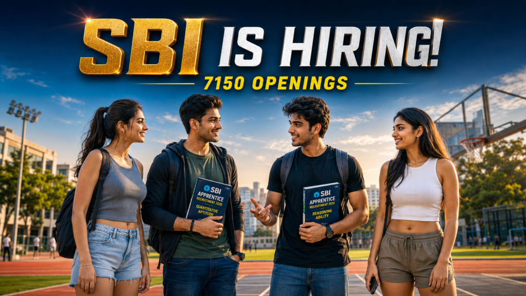 Four young Indian students standing in a college playground discussing SBI Apprentice Recruitment 2026 while holding exam preparation books, with cinematic text reading “SBI is Hiring! – 7150 Openings”.