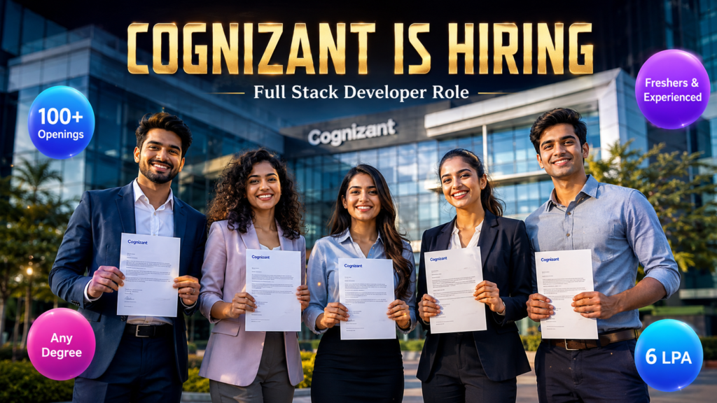 Five young Indian professionals proudly holding Cognizant interview offer letters in front of a modern corporate office building with cinematic lighting and colorful hiring information bubbles highlighting openings, salary, and eligibility.