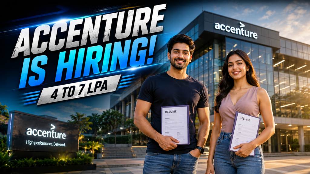 A cinematic recruitment thumbnail showing a stylish young Indian man and woman standing confidently in front of the Accenture office building holding resumes for an interview. Bold Hollywood-style text reads “Accenture Is Hiring!” with “4 to 7 LPA” below it.