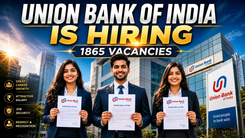 Three young Indian professionals in formal attire holding Union Bank interview letters in front of a modern corporate building, highlighting 1865 apprentice vacancies recruitment 2026.
