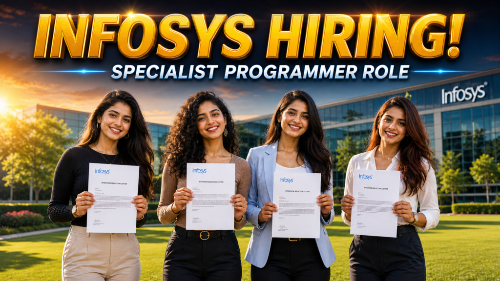 Four young professionals holding interview selection letters at Infosys campus with “Infosys Hiring” banner for Specialist Programmer role