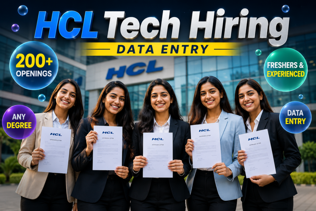 Five young Indian women in formal attire holding HCL interview letters in front of a corporate office with “HCL Tech Hiring – Data Entry” banner and job highlights like 200+ openings.