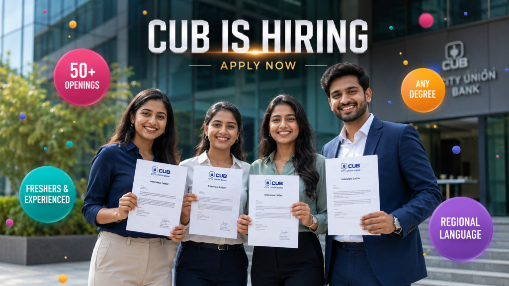 Three modern Indian women and one handsome Indian man standing in front of a corporate office, smiling and holding CUB interview letters. The recruitment poster features the headline “CUB is Hiring” with colorful floating bubbles mentioning “50+ Openings,” “Freshers & Experienced,” “Any Degree,” and “Regional Language.”