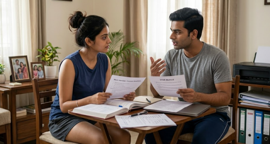 Two young Indian graduates at home in casual attire, conducting a mock interview and studying an EY Interview Structure guide for the Staff Consulting Graduate role in Trivandrum.