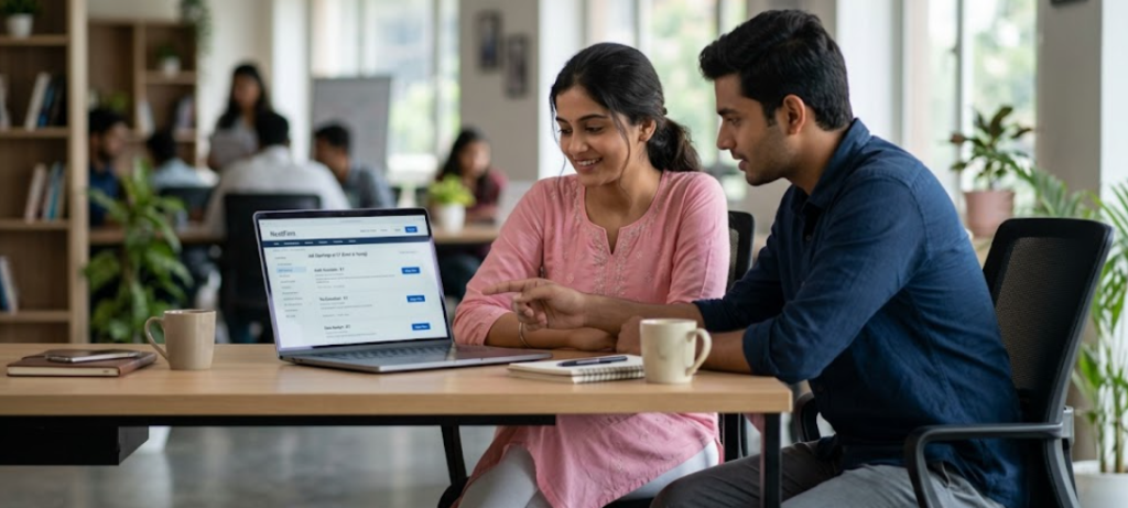 A young South Indian man and a woman in a pink salwar sitting in a modern office, reviewing EY Staff Consulting Graduate job openings on the NextFirm website.