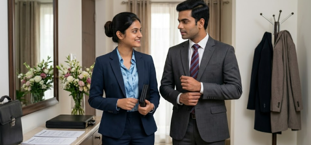 A young Indian man and woman dressed in professional business attire, adjusting their suits and preparing to leave for an EY Staff Consulting Graduate interview in Trivandrum.