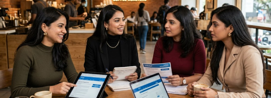 Four professional young women in trendy attire discussing Infosys Specialist Programmer and DSE career opportunities at a coffee shop with laptops and recruitment brochures.