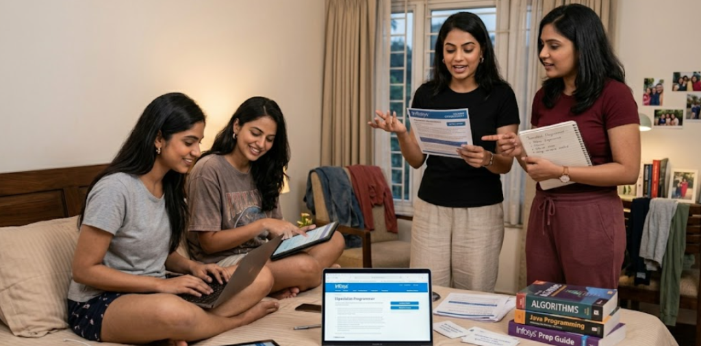 Four young female candidates in casual attire preparing for the Infosys Specialist Programmer interview in a bedroom with laptops, Java programming books, and Infosys prep guides.