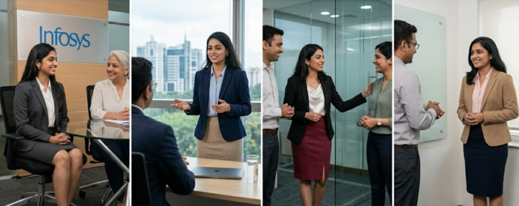 Four professional women in business blazers and skirts attending interviews for Infosys Specialist Programmer and DSE roles during the 2026 Mega Off-Campus Drive.