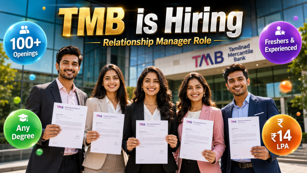 Five young Indian professionals proudly hold their interview selection letters in front of the Tamilnad Mercantile Bank corporate office. The thumbnail features the headline “TMB is Hiring” with colorful bubbles highlighting 100+ openings, freshers and experienced candidates, any degree eligibility, and salary up to ₹14 LPA for Relationship Manager recruitment.